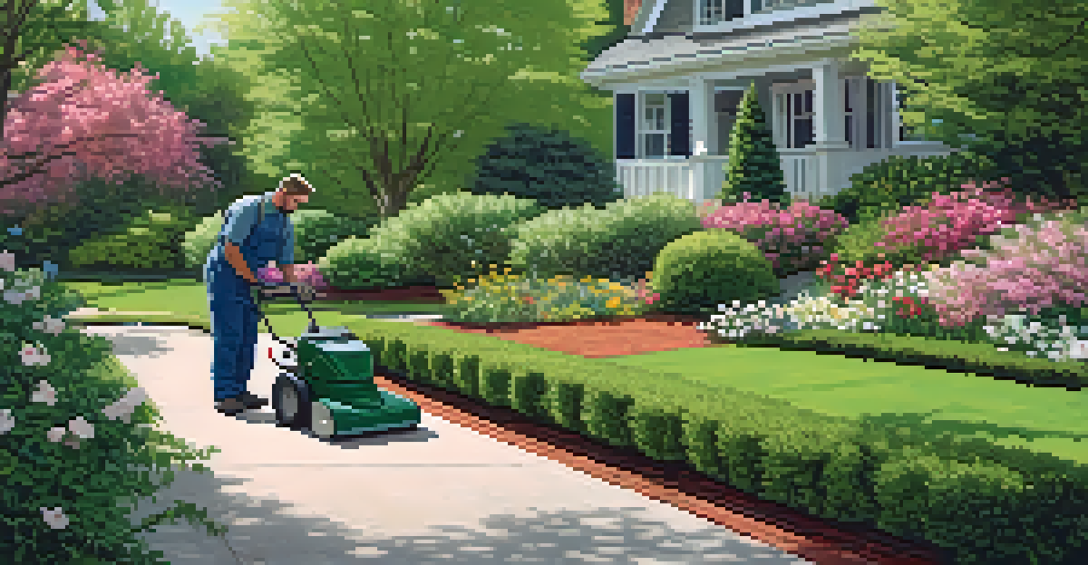 A landscaper trimming shrubs and trees in a vibrant spring garden with blooming flowers.