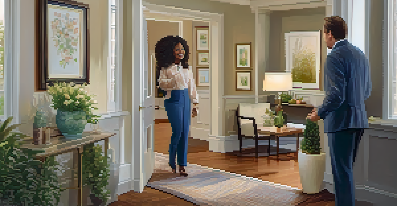 A smiling host welcoming guests at an open house, with a beautifully decorated foyer and refreshments on display.