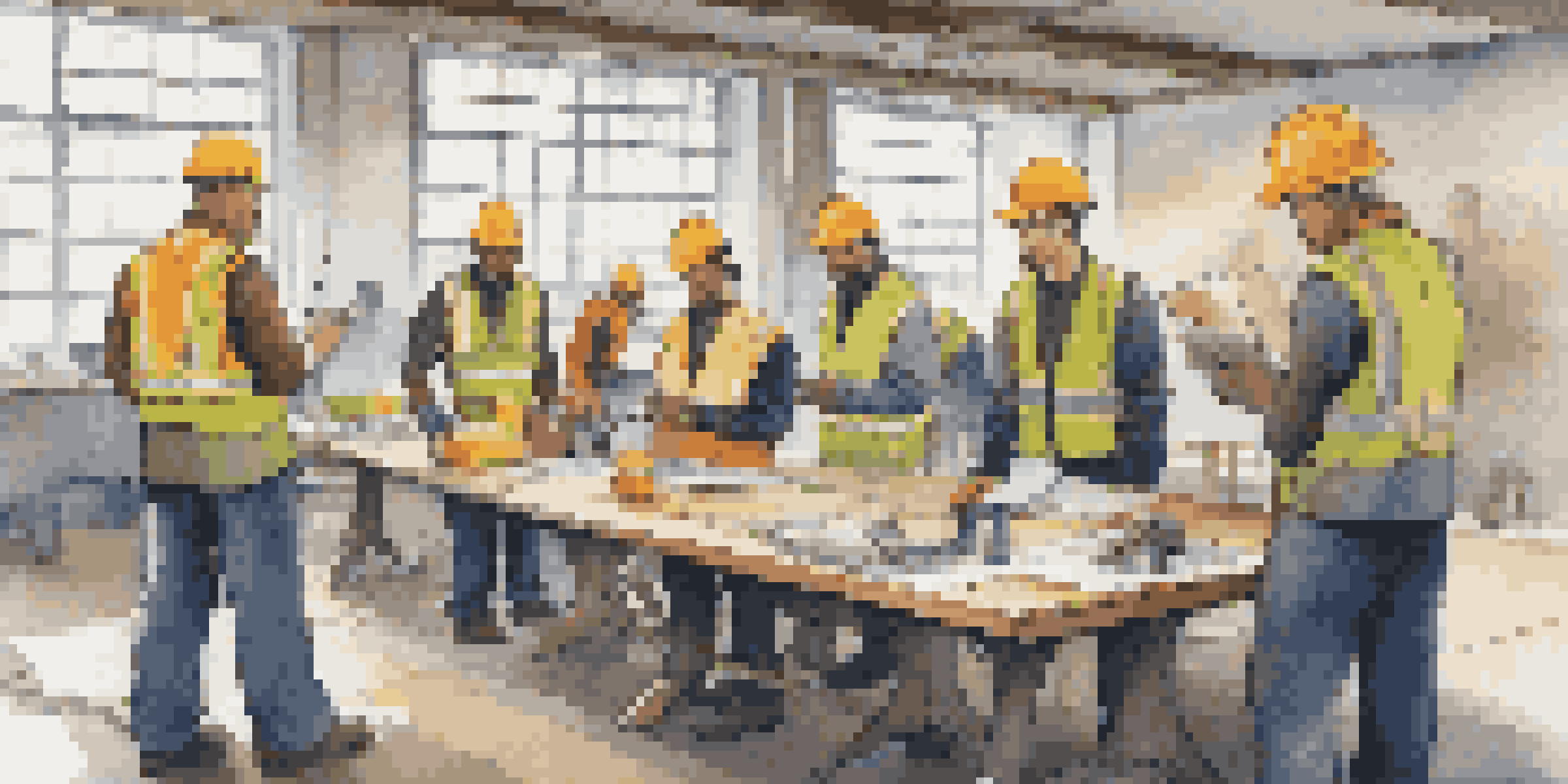 A diverse group of workers in safety gear engaged in a training session, surrounded by safety manuals and tools.