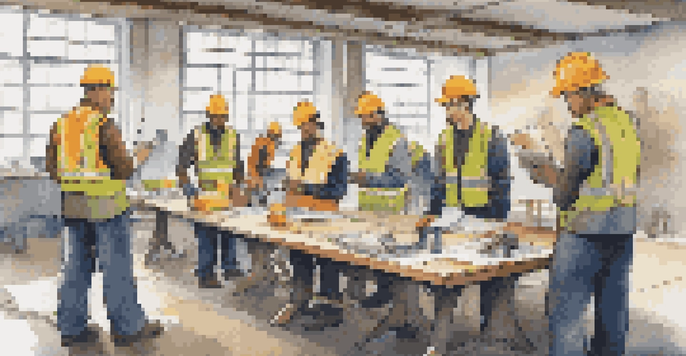 A diverse group of workers in safety gear engaged in a training session, surrounded by safety manuals and tools.