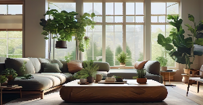 A cozy living room filled with natural light, plants, and soft, earthy-colored furniture, creating a warm and inviting atmosphere.