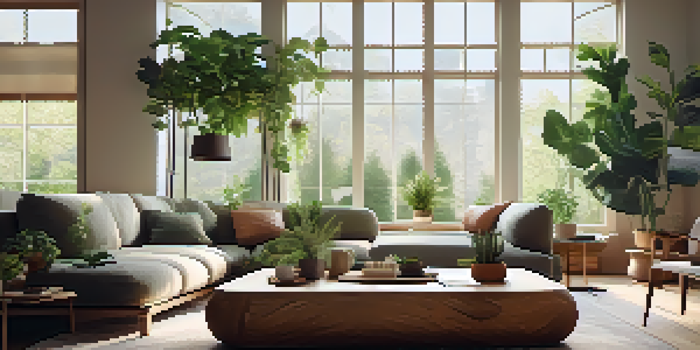 A cozy living room filled with natural light, plants, and soft, earthy-colored furniture, creating a warm and inviting atmosphere.