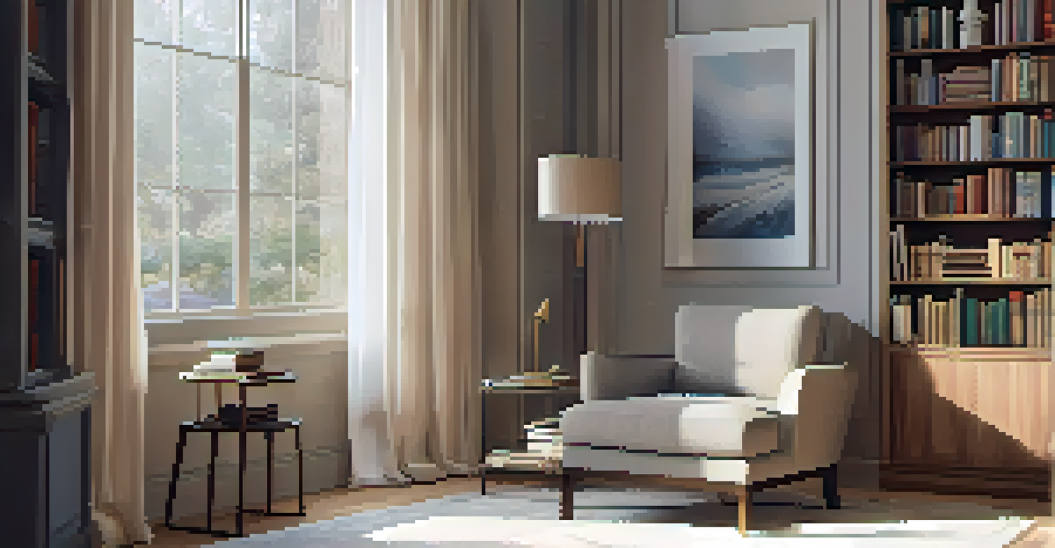 A serene reading nook with a comfortable armchair, a stylish floor lamp providing soft ambient lighting, and sheer curtains diffusing natural light.