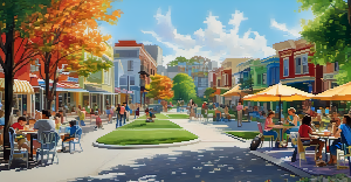 A lively neighborhood park scene with families and children playing.