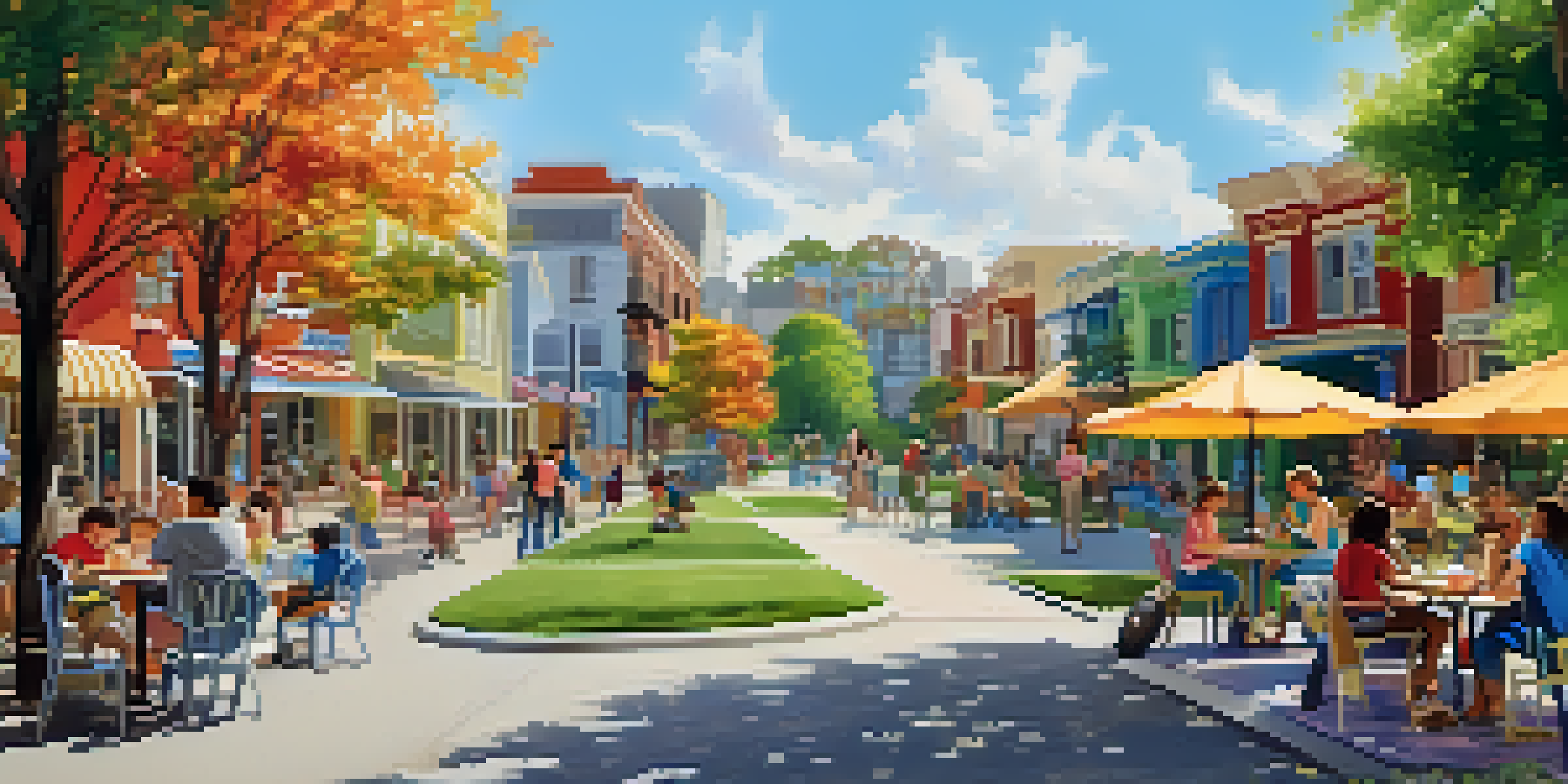 A lively neighborhood park scene with families and children playing.