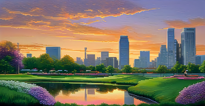 A modern city skyline at sunset with glass buildings and a tranquil park in the foreground.