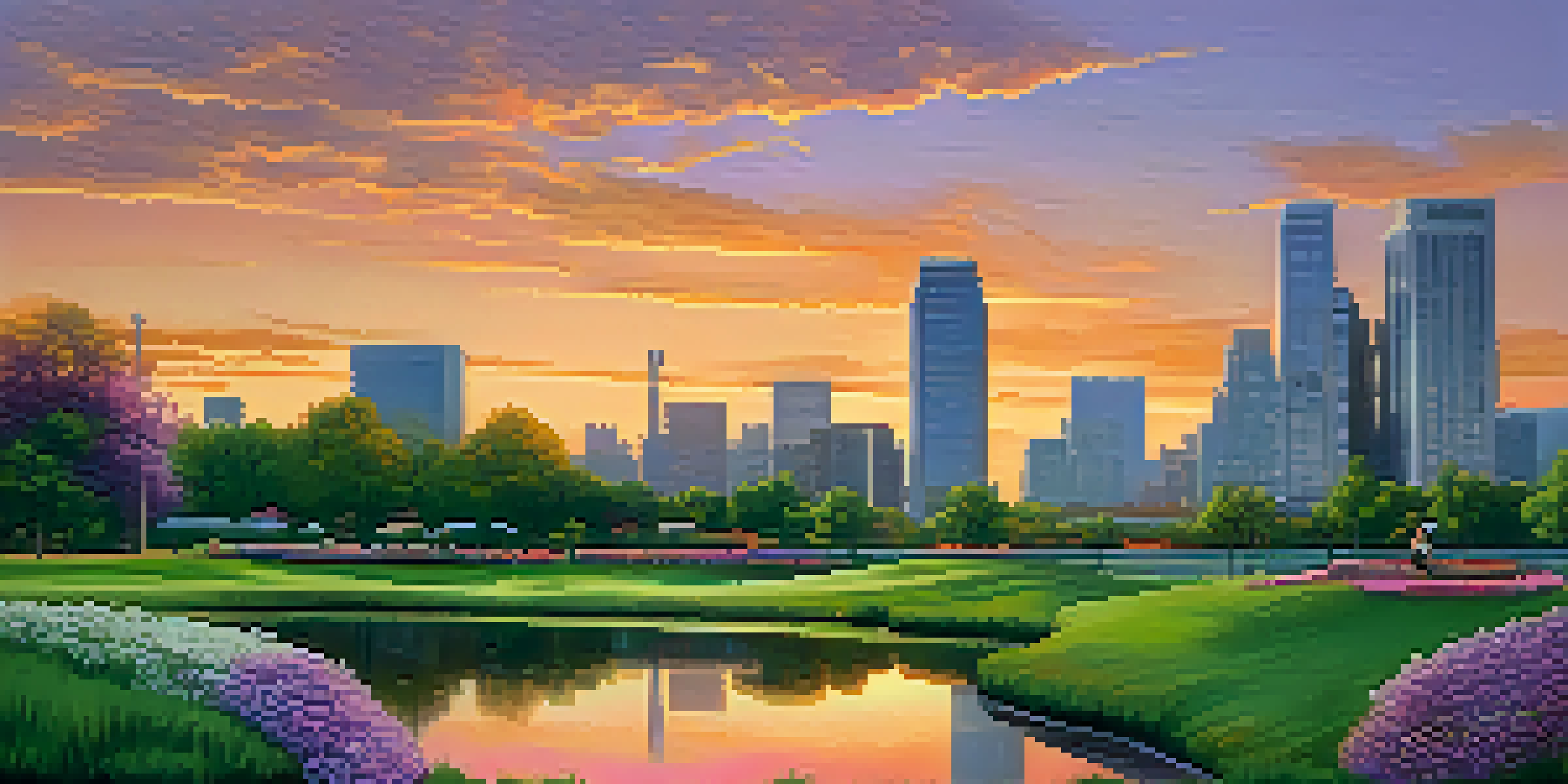 A modern city skyline at sunset with glass buildings and a tranquil park in the foreground.