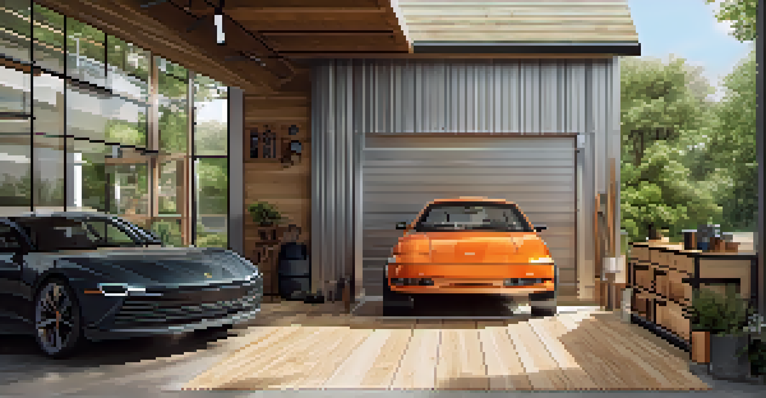 A modern garage with bamboo flooring, recycled steel garage door, and large windows, featuring minimalist furniture.