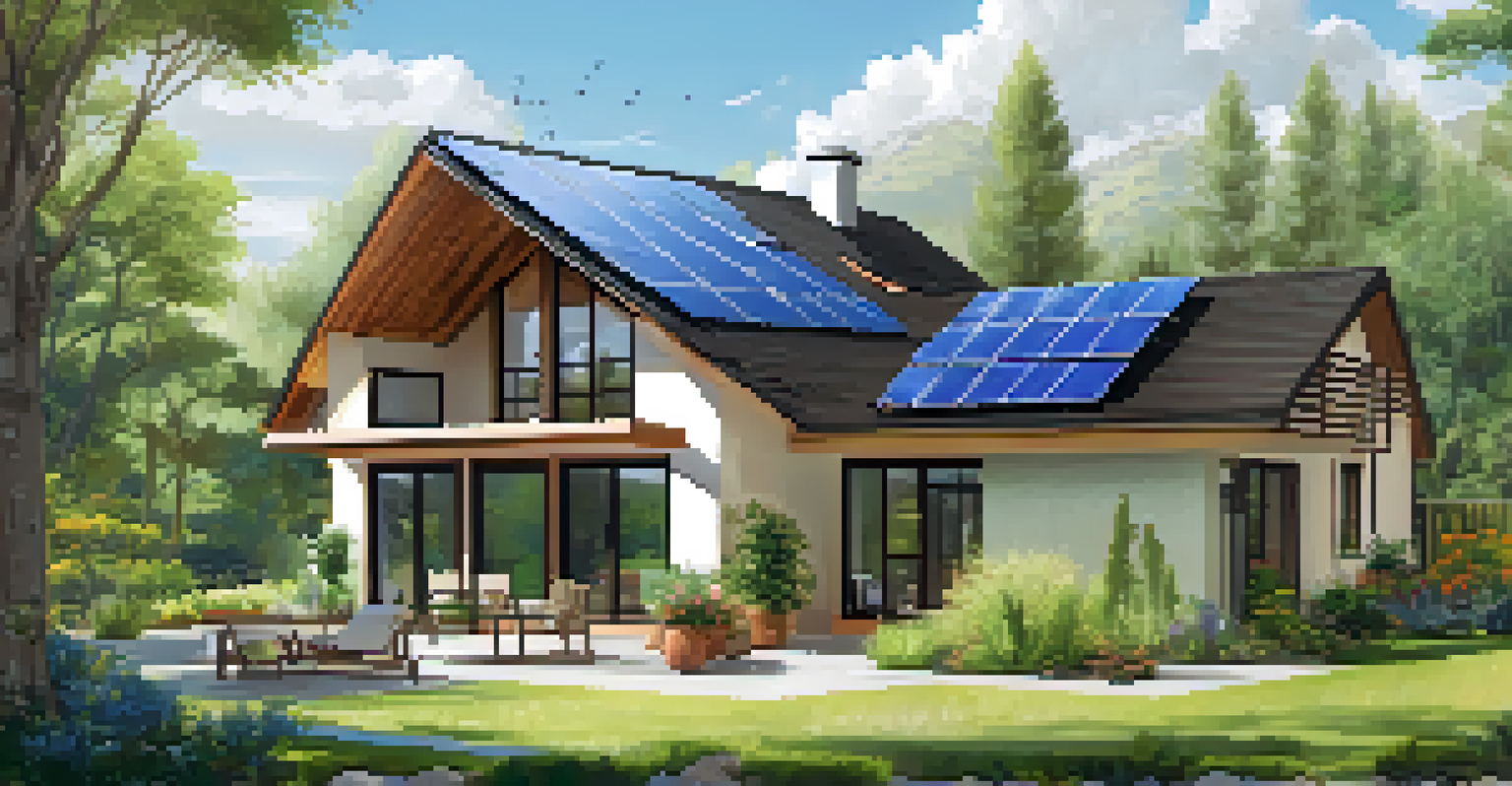 A sustainable home with solar panels and a vibrant garden, emphasizing eco-friendly features and a sunny atmosphere.