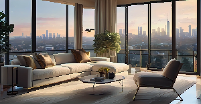 A stylish modern living room with a large glass window showing a city skyline, featuring a neutral color palette and soft golden lighting.