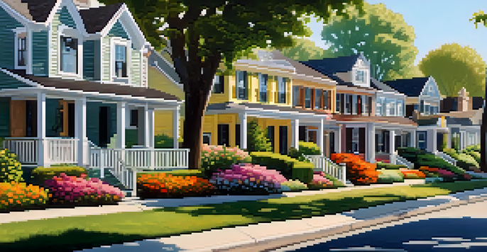 A beautiful neighborhood street with flowerbeds, sidewalks, and a mix of houses, illuminated by warm sunlight.