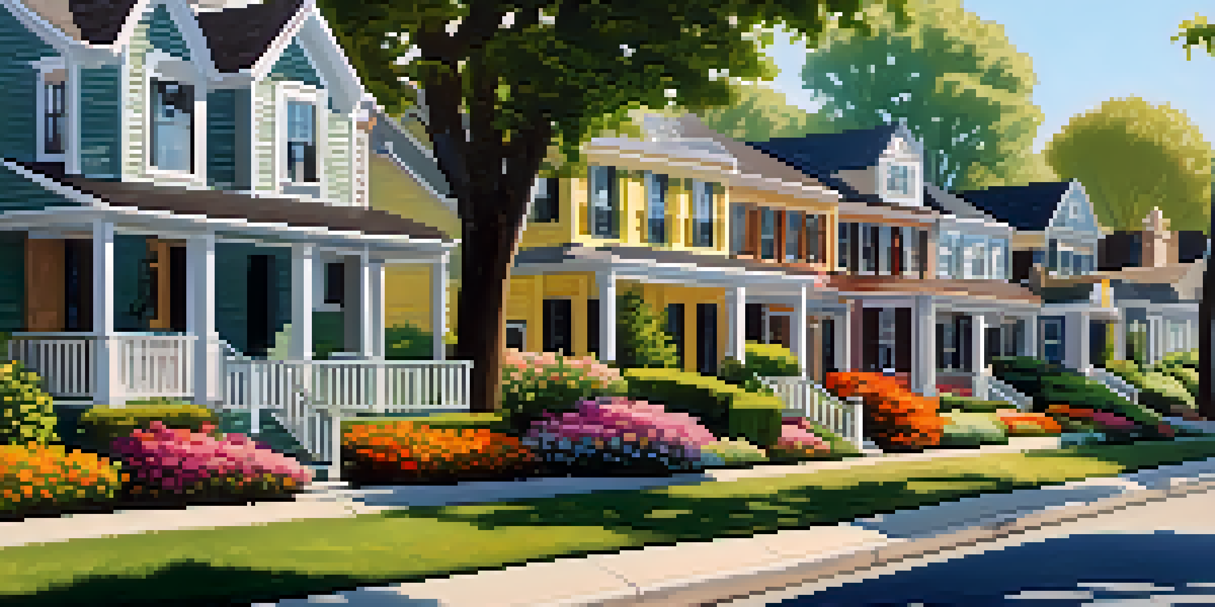 A beautiful neighborhood street with flowerbeds, sidewalks, and a mix of houses, illuminated by warm sunlight.