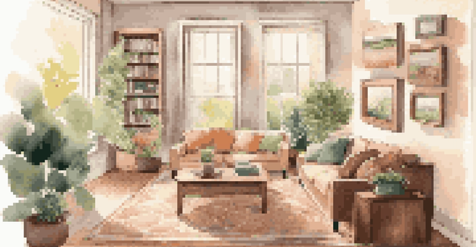 A bright and cozy family living room filled with natural light, featuring a comfortable sectional sofa and personal touches like family photos.