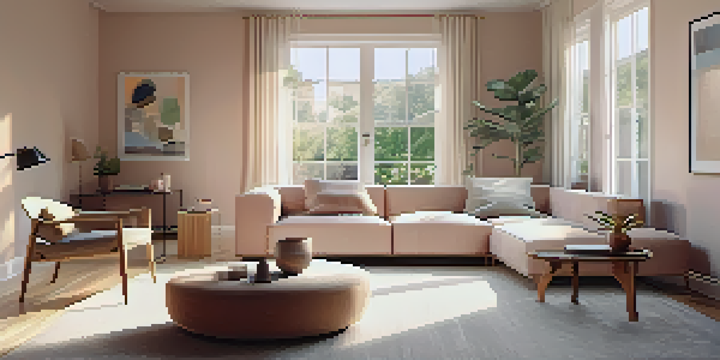 A cozy small living room with pastel walls, natural light, and minimalist furniture.