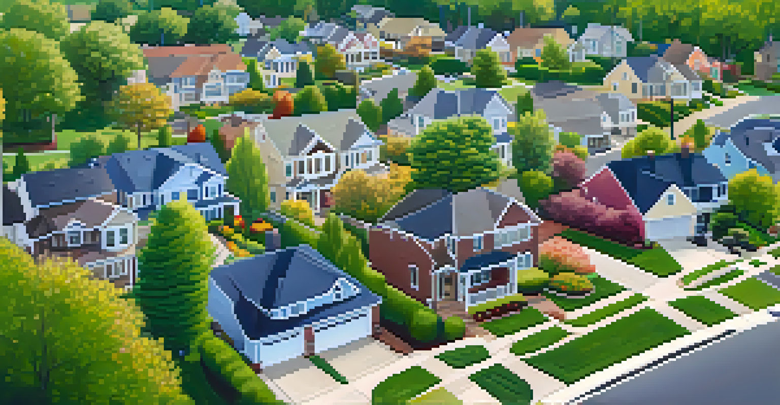 An aerial view of a suburban neighborhood with colorful houses and green lawns under a clear blue sky.