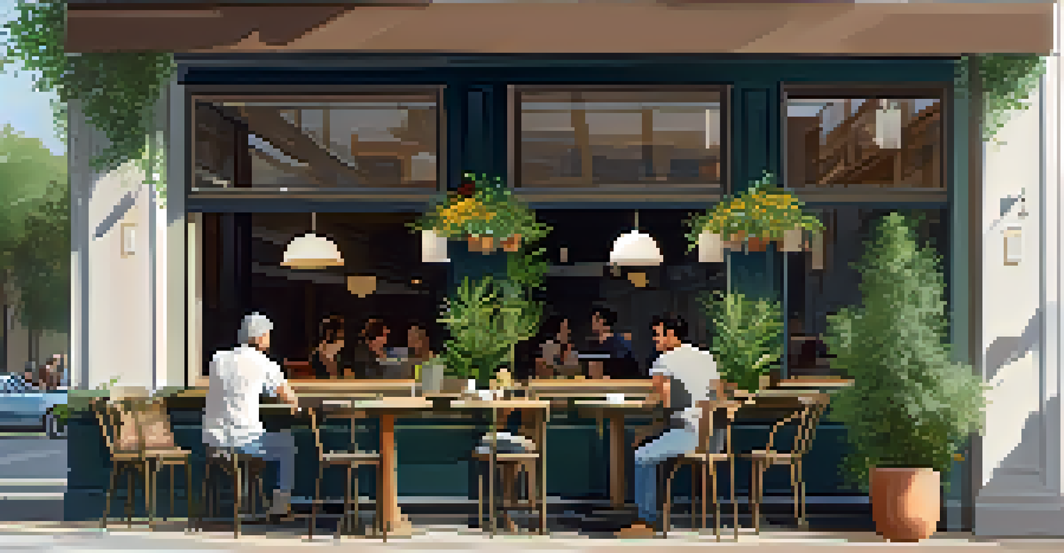 An inviting café with patrons in conversation, featuring soft furnishings, acoustic panels, and potted plants creating a peaceful atmosphere.