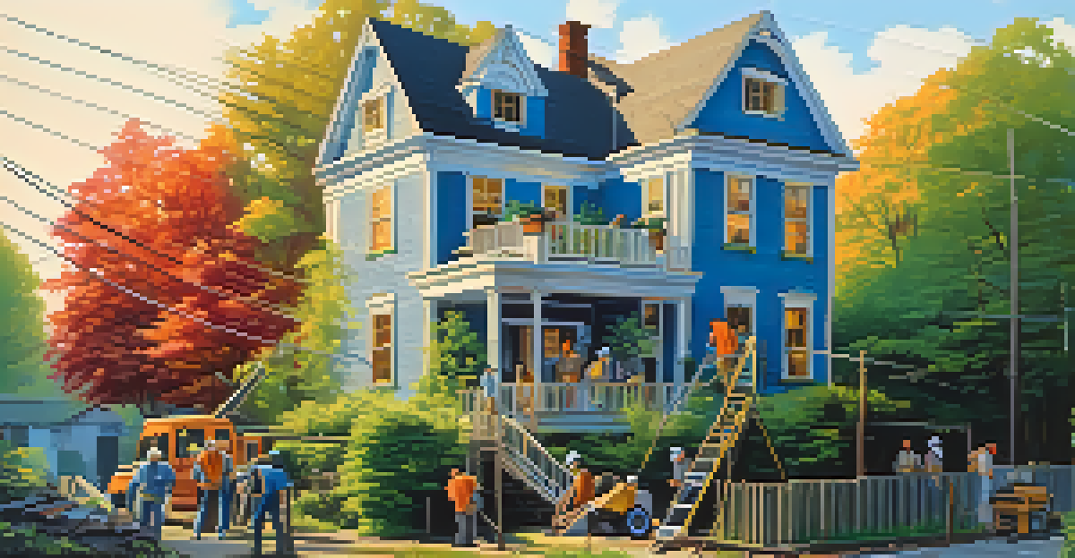 A charming house with scaffolding and workers making renovations, surrounded by greenery and a blue sky.