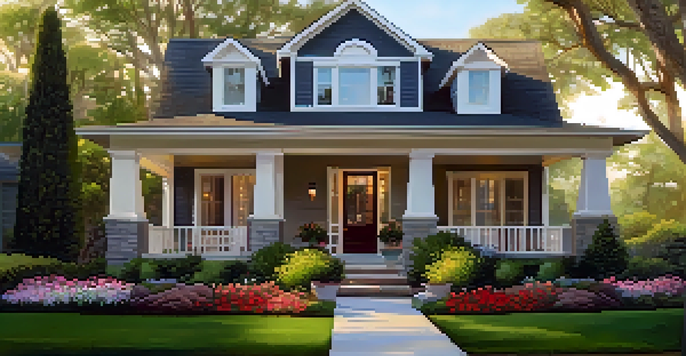 A landscaped front yard with a green lawn, flower beds, and a front door, illuminated by evening light.