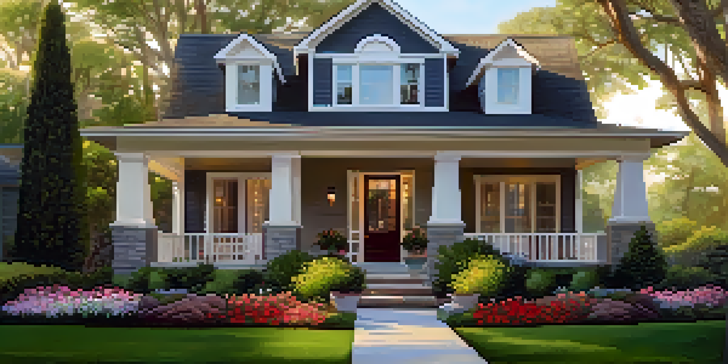 A landscaped front yard with a green lawn, flower beds, and a front door, illuminated by evening light.