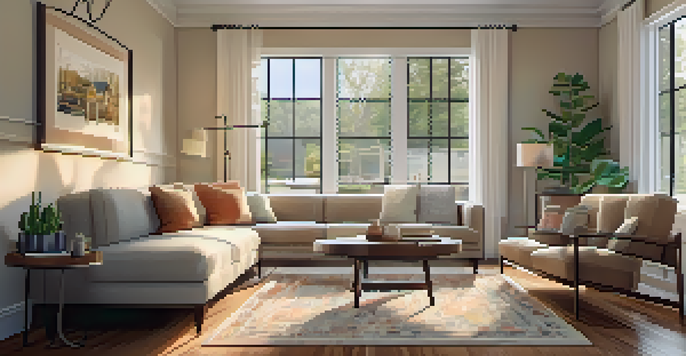 A warm and inviting living room with a sofa, coffee table, and family photos on the walls.