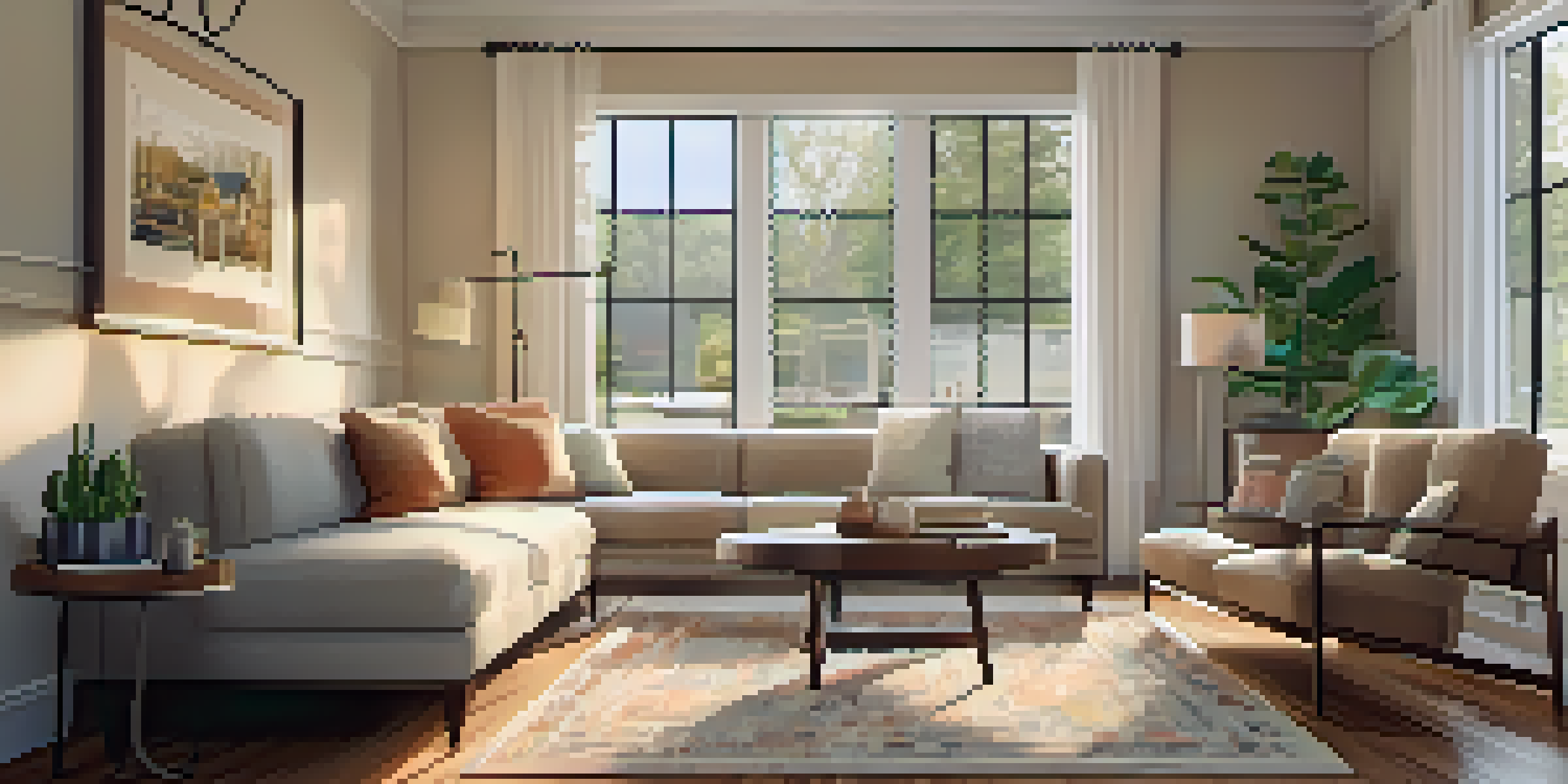 A warm and inviting living room with a sofa, coffee table, and family photos on the walls.