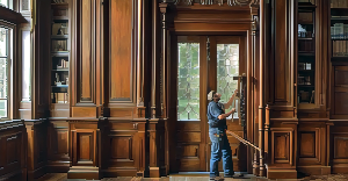 A craftsman restoring a wooden door frame, showcasing intricate wood grain and focused craftsmanship in a softly lit environment.
