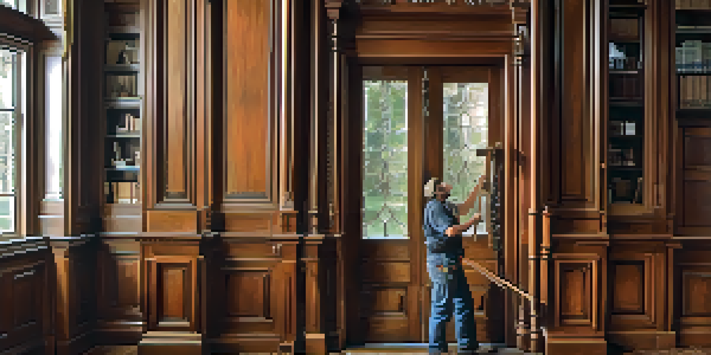 A craftsman restoring a wooden door frame, showcasing intricate wood grain and focused craftsmanship in a softly lit environment.