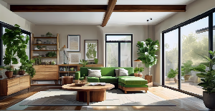 A warm and inviting living room with sustainable wood furniture and natural light, featuring plants and low-VOC painted walls.