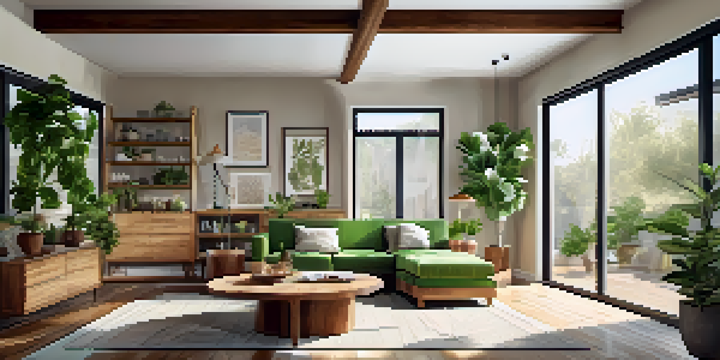 A warm and inviting living room with sustainable wood furniture and natural light, featuring plants and low-VOC painted walls.