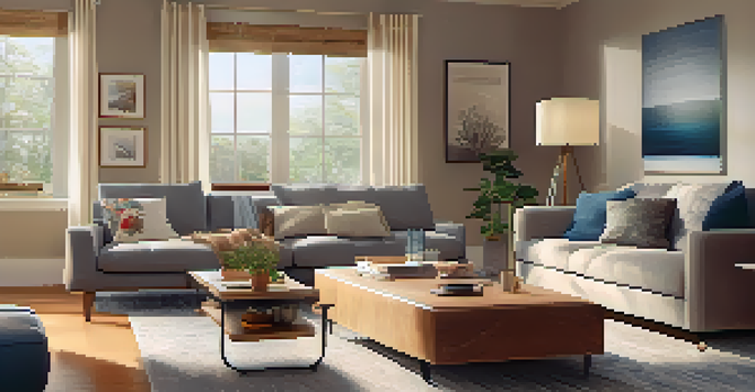 A cozy living room with a modern smart hub on a coffee table and various smart devices in the background, warmly lit by natural light.
