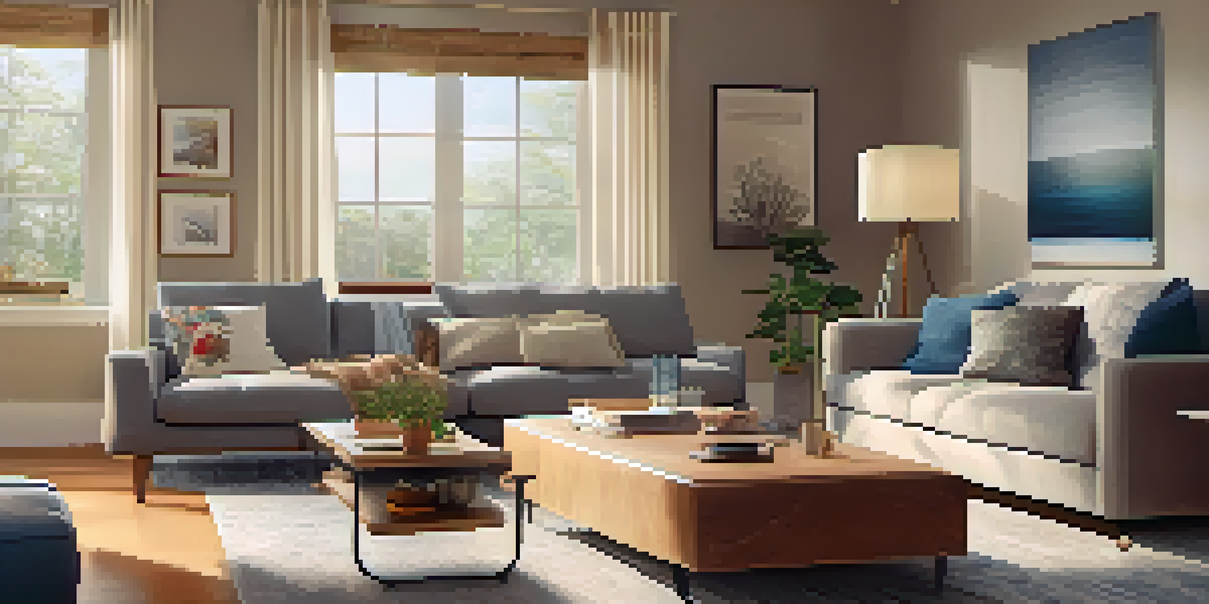 A cozy living room with a modern smart hub on a coffee table and various smart devices in the background, warmly lit by natural light.