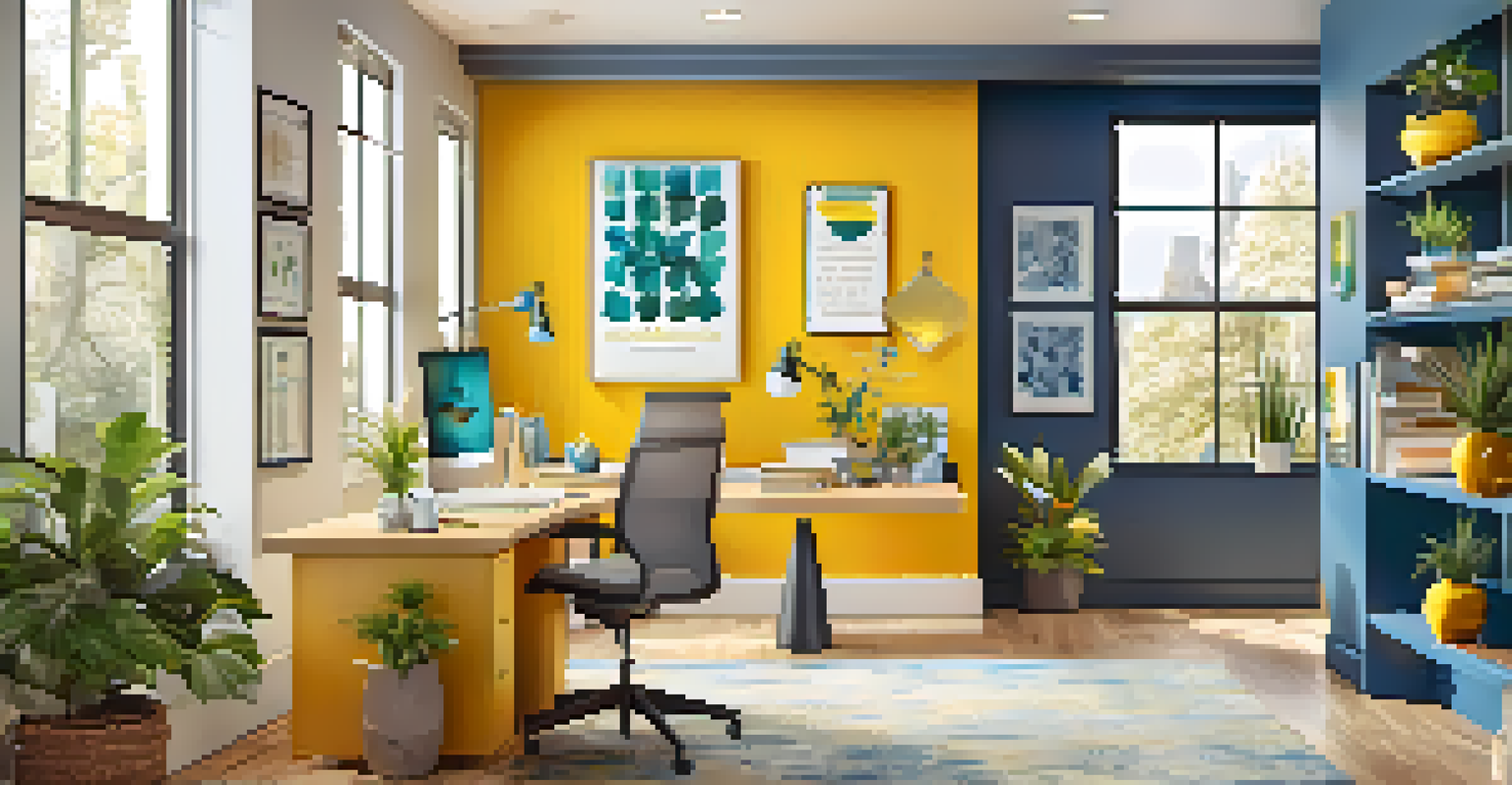A workspace with a yellow accent wall, blue decor, and colorful accessories, filled with natural light.