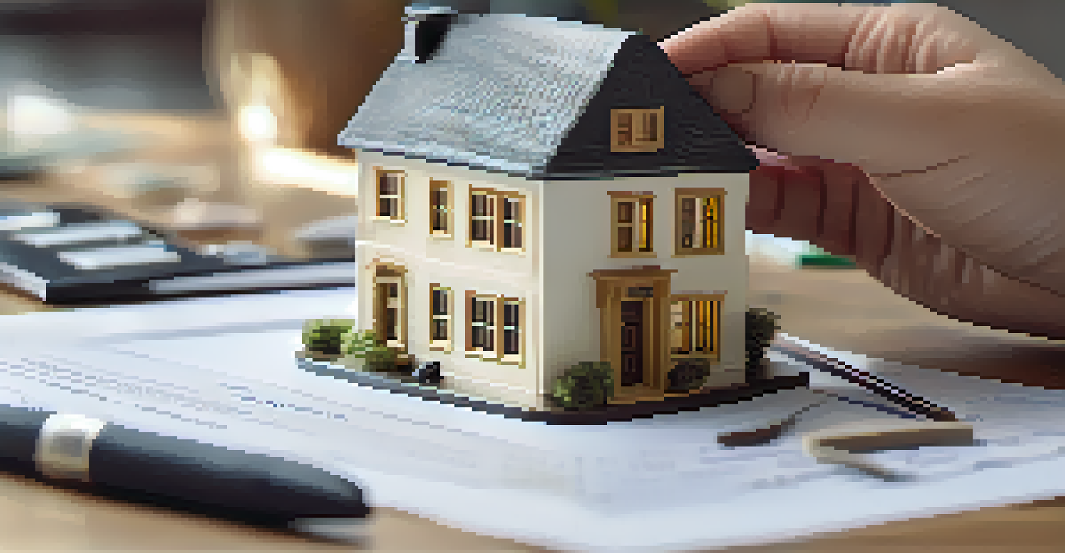 A hand holds a miniature house model in front of financial documents and a calculator, with warm lighting.