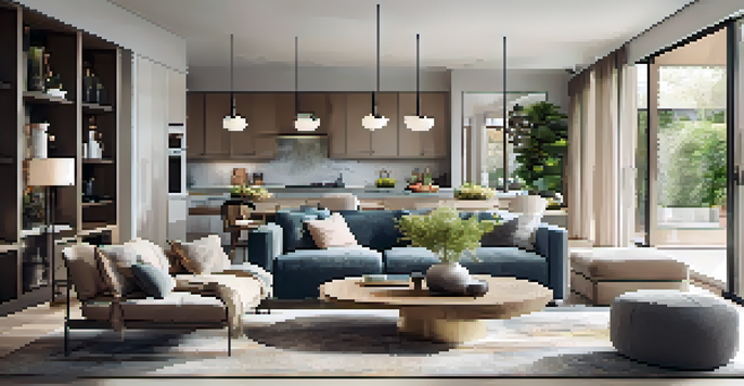 A bright and airy modern open floor plan with a kitchen, dining area, and living room, showcasing a cozy sofa and a dining table under natural light.