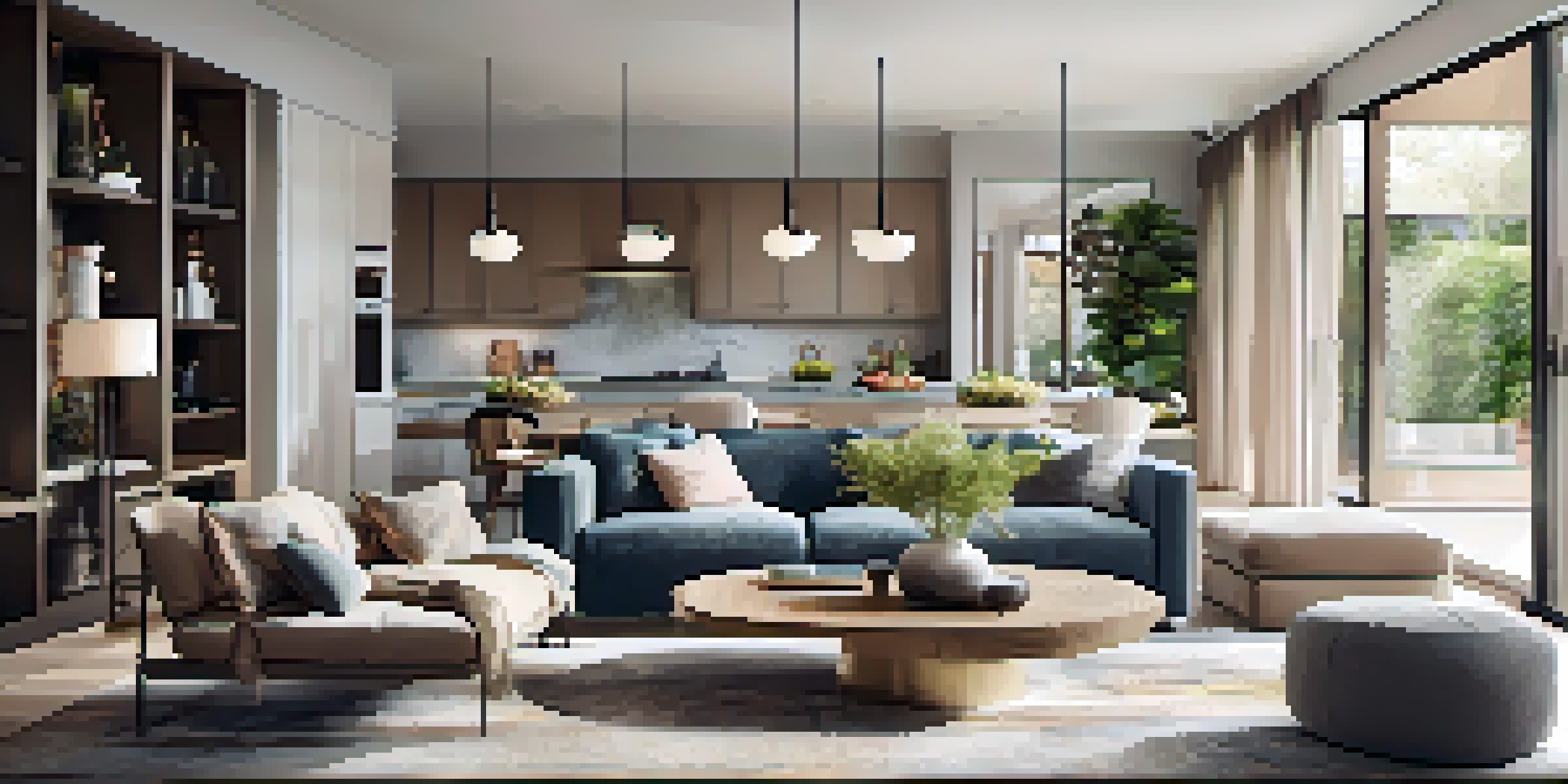A bright and airy modern open floor plan with a kitchen, dining area, and living room, showcasing a cozy sofa and a dining table under natural light.