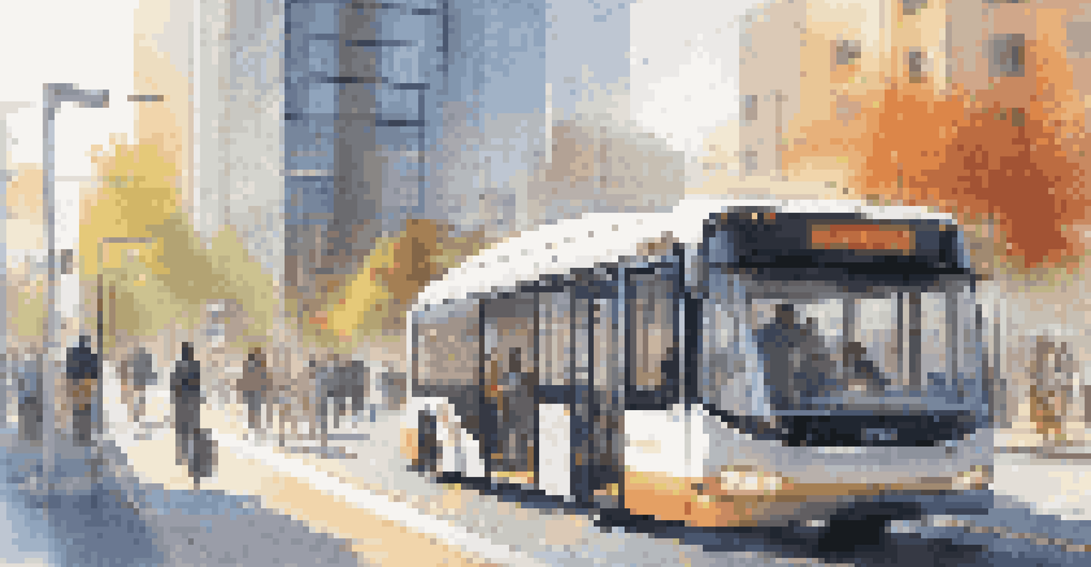 A futuristic autonomous bus at a modern bus stop with passengers checking schedules on their mobile devices.