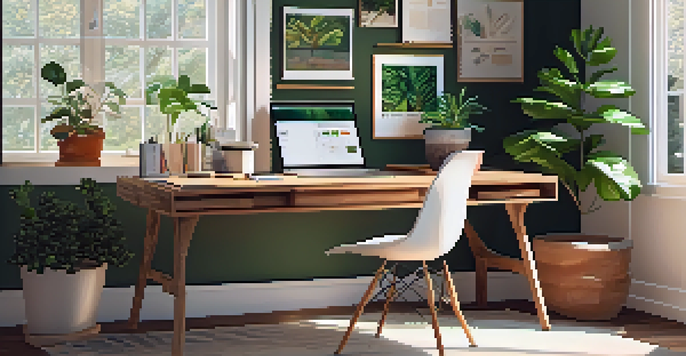 A cozy home office with a wooden desk, laptop, and potted plant, illuminated by natural light.