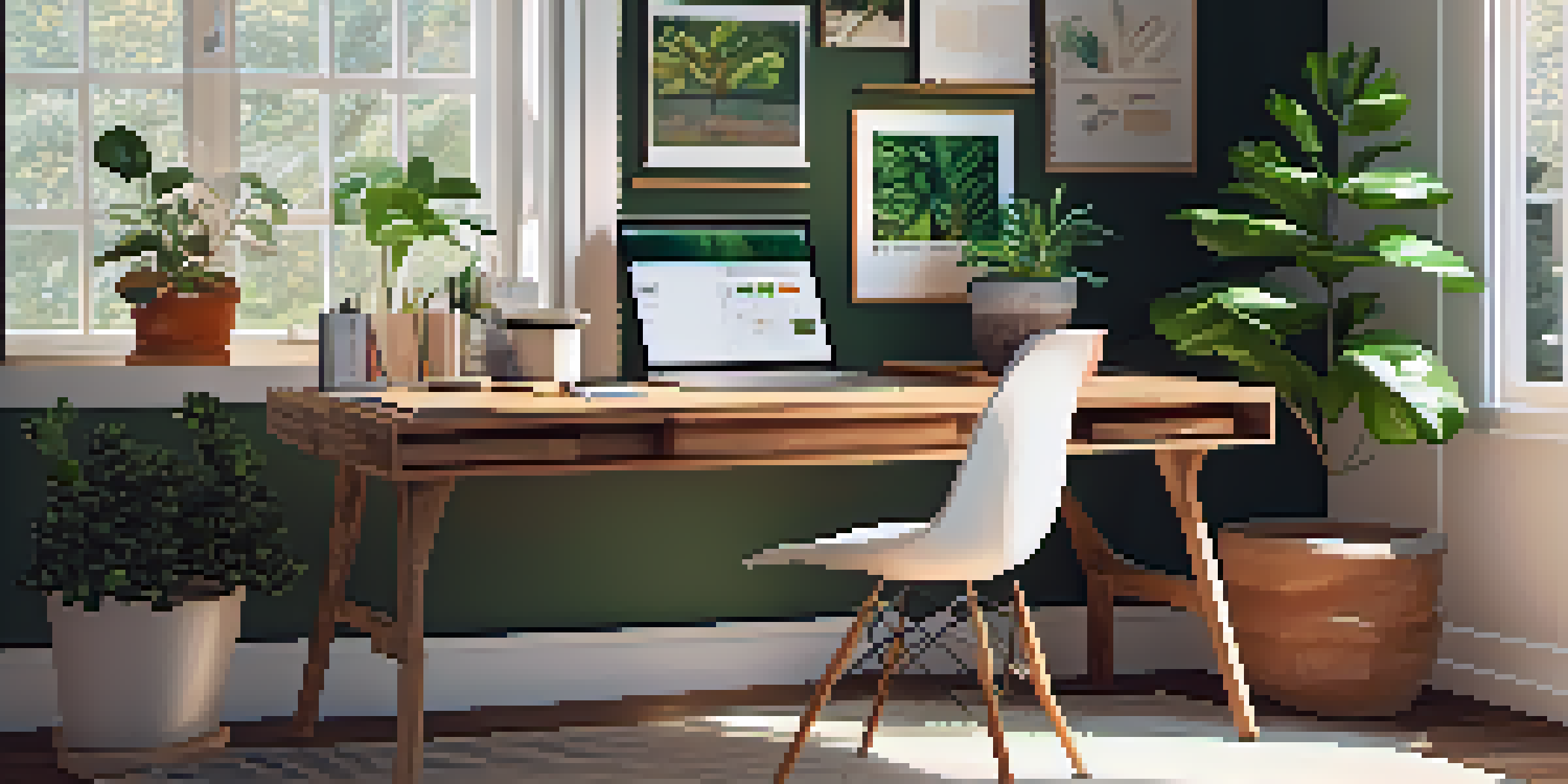 A cozy home office with a wooden desk, laptop, and potted plant, illuminated by natural light.