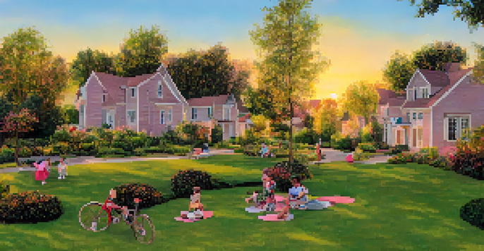 A peaceful suburban neighborhood at sunset with charming houses, vibrant skies, and a family enjoying their backyard.