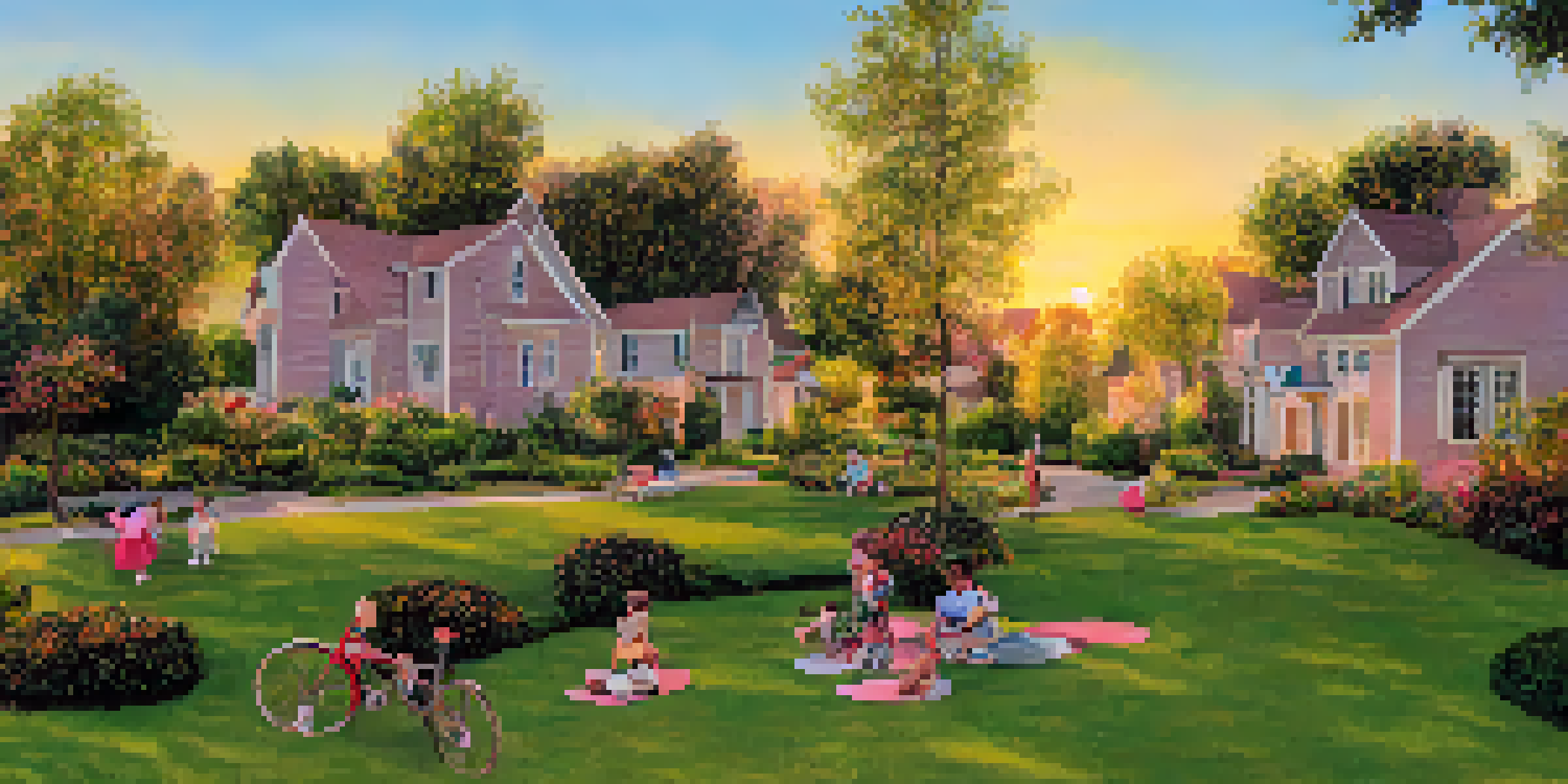 A peaceful suburban neighborhood at sunset with charming houses, vibrant skies, and a family enjoying their backyard.