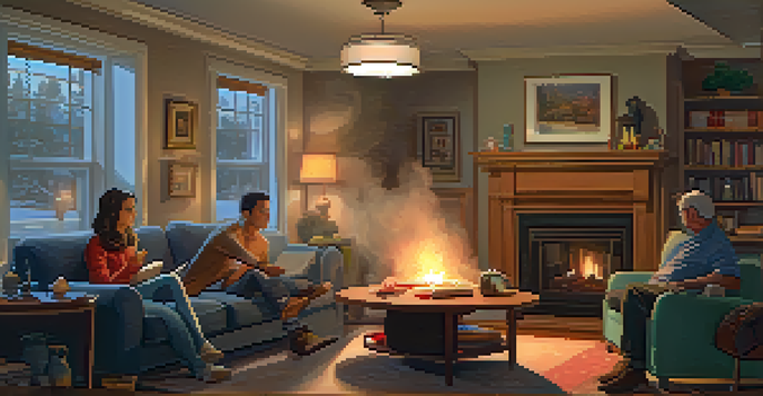 A family enjoying a board game in a cozy living room, with a smoke detector visible on the ceiling.
