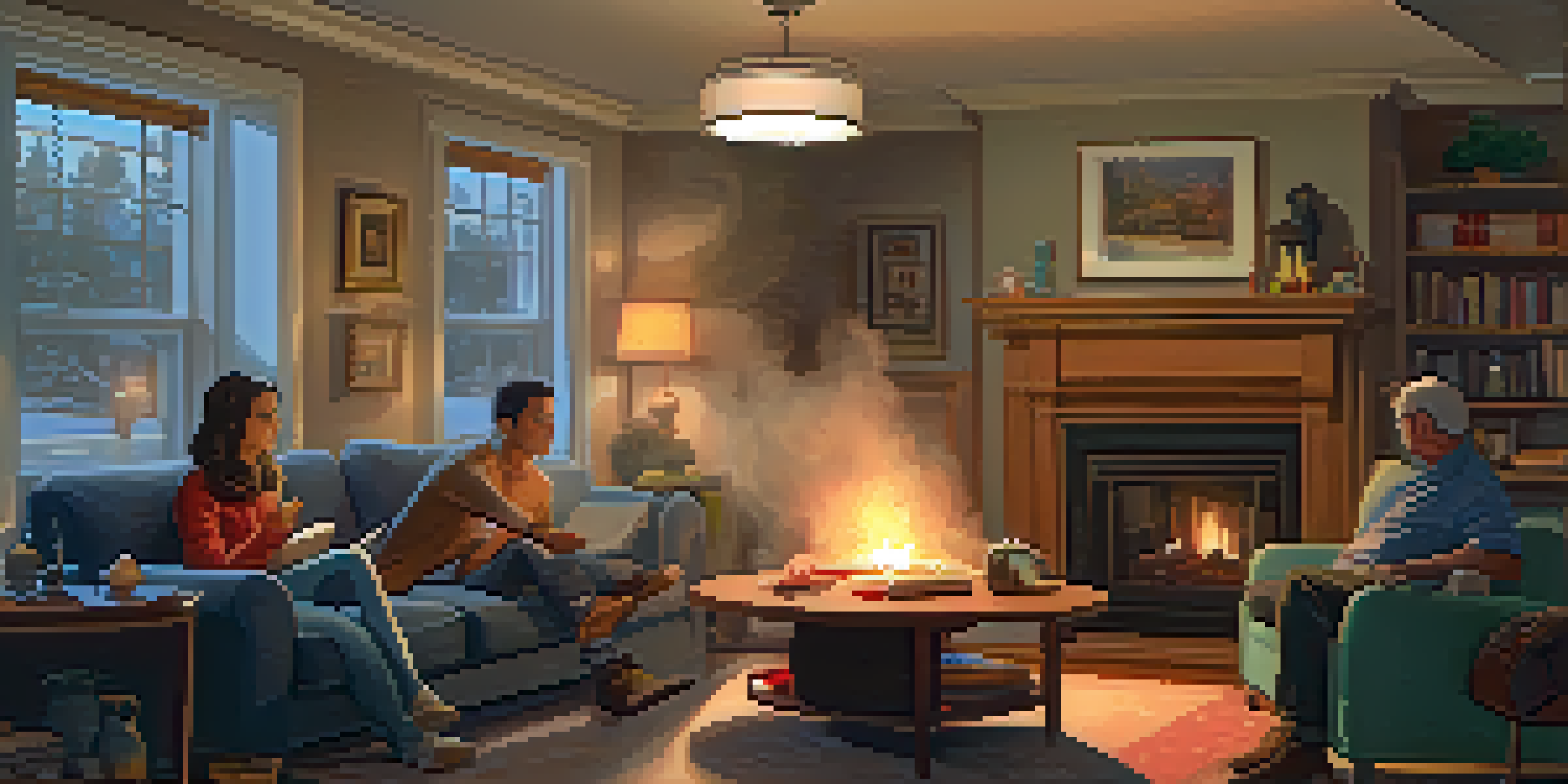 A family enjoying a board game in a cozy living room, with a smoke detector visible on the ceiling.