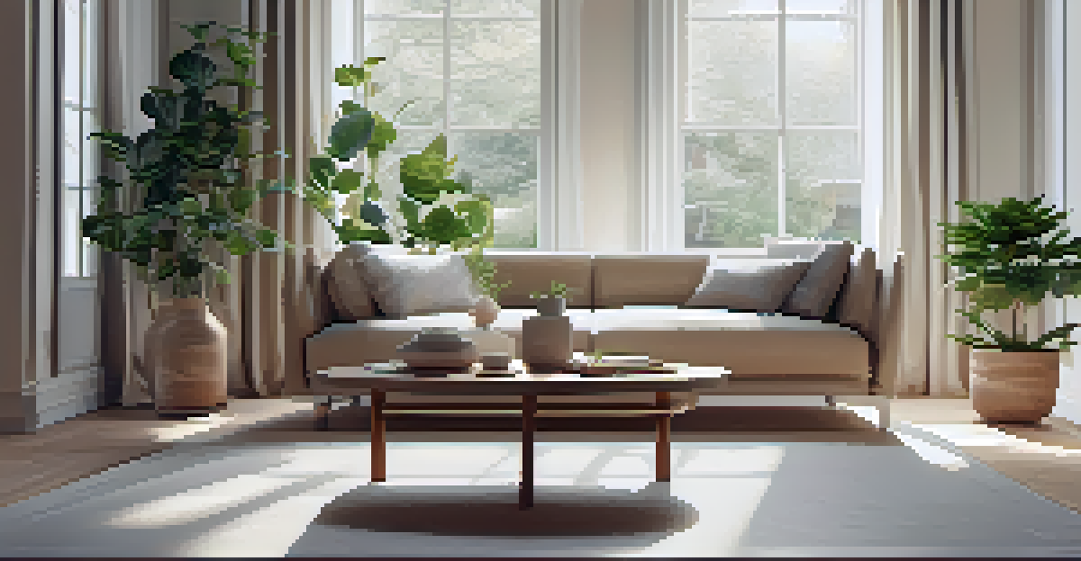 A minimalist living room with a comfortable sofa, wooden coffee table, and large windows, creating a serene atmosphere.