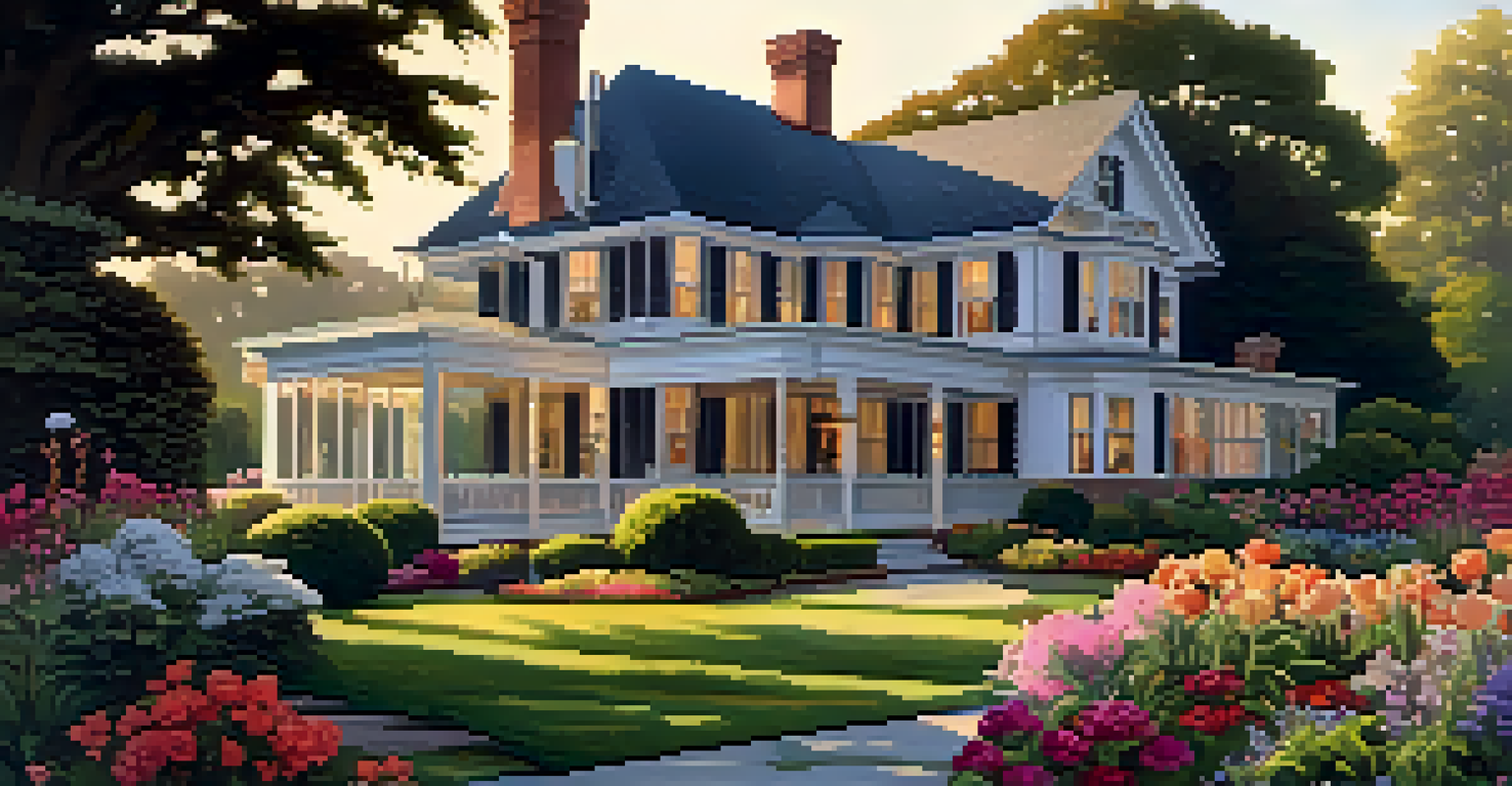A historic home with a curated garden featuring period-appropriate plants and flowers.
