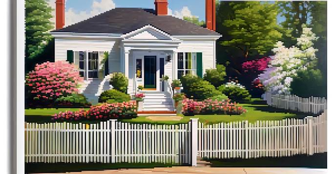 Two neighbors talking amicably over a fence in a sunny neighborhood with green lawns and flowers.