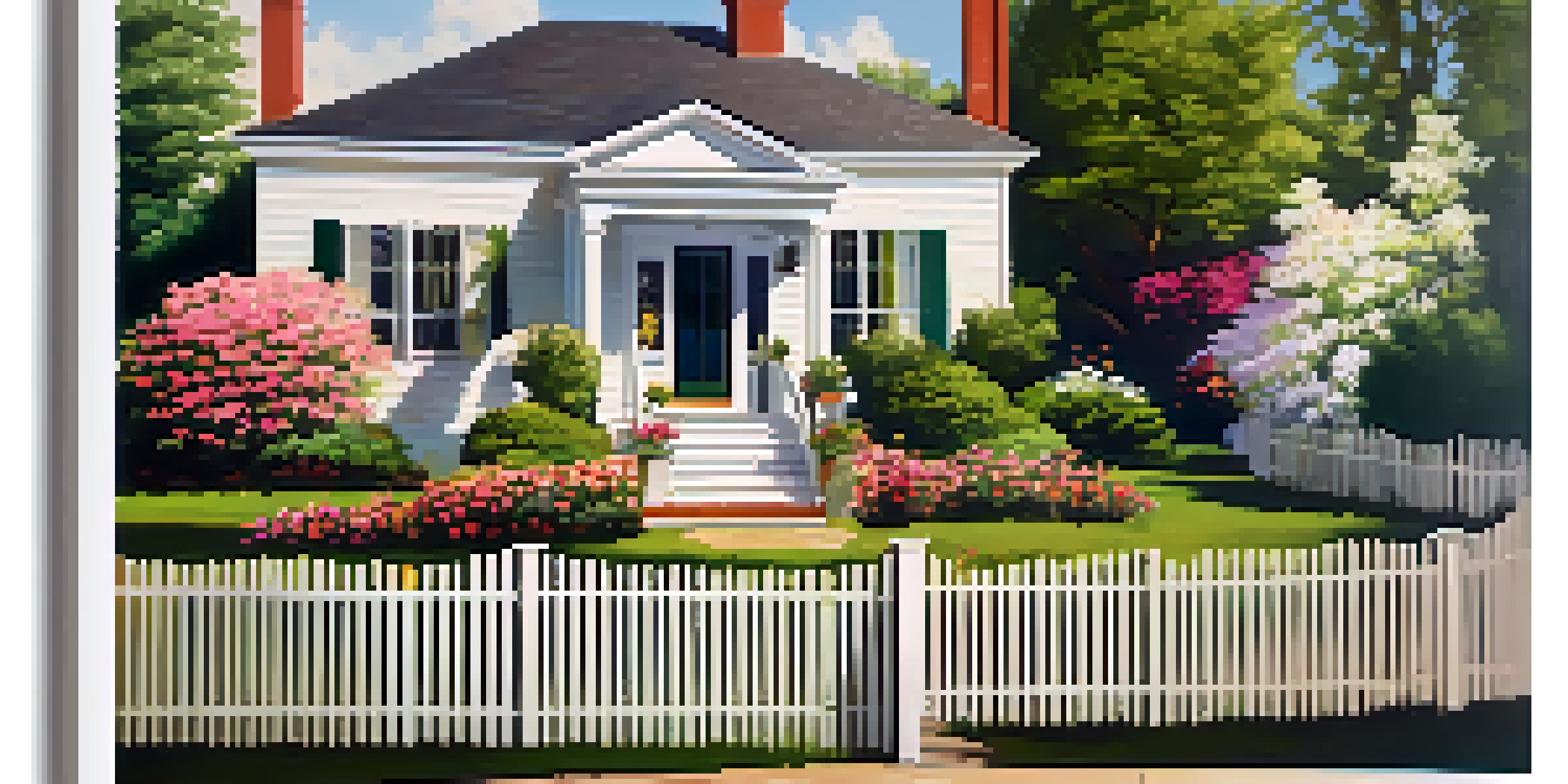 Two neighbors talking amicably over a fence in a sunny neighborhood with green lawns and flowers.