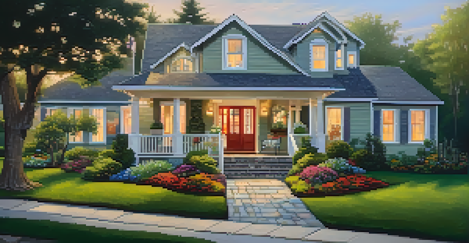 A welcoming home exterior with tidy landscaping, a brightly painted front door, and soft lighting in the evening.
