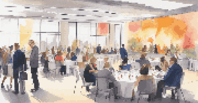 A lively networking event in a conference hall with diverse professionals discussing real estate syndication.