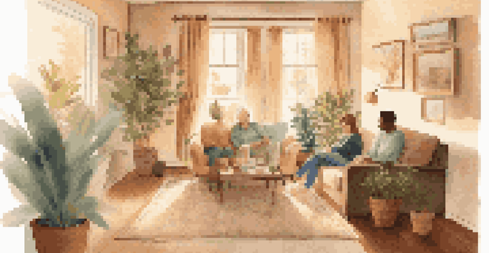 A multi-generational family gathering in a cozy living room, with grandparents sharing stories with children, illuminated by soft golden light.