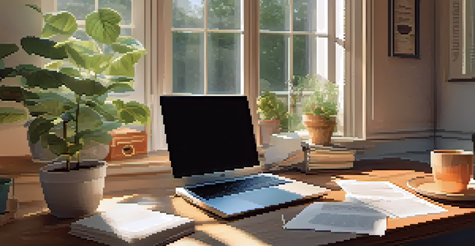 A bright and cozy home office with a wooden desk, laptop, coffee cup, and potted plant, bathed in warm sunlight.